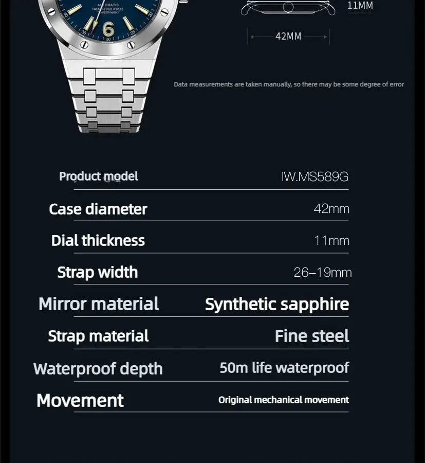 Men's luxury sapphire mechanical watch with blue dial and stainless steel bracelet