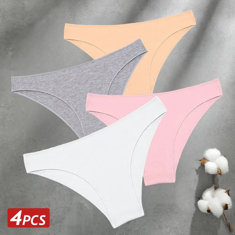 Seamless cotton low-waist panties for women, 4-pack in peach, gray, pink and white