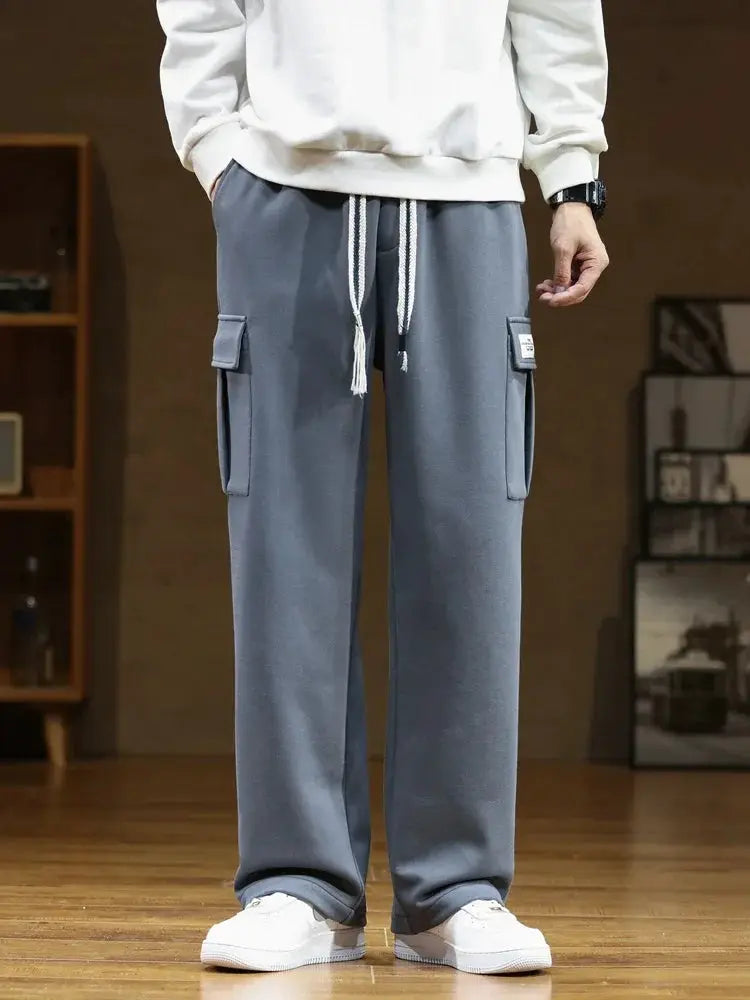 Men's gray cotton cargo sweatpants by Simples Market, 8XL, with multiple pockets and drawstring waist.