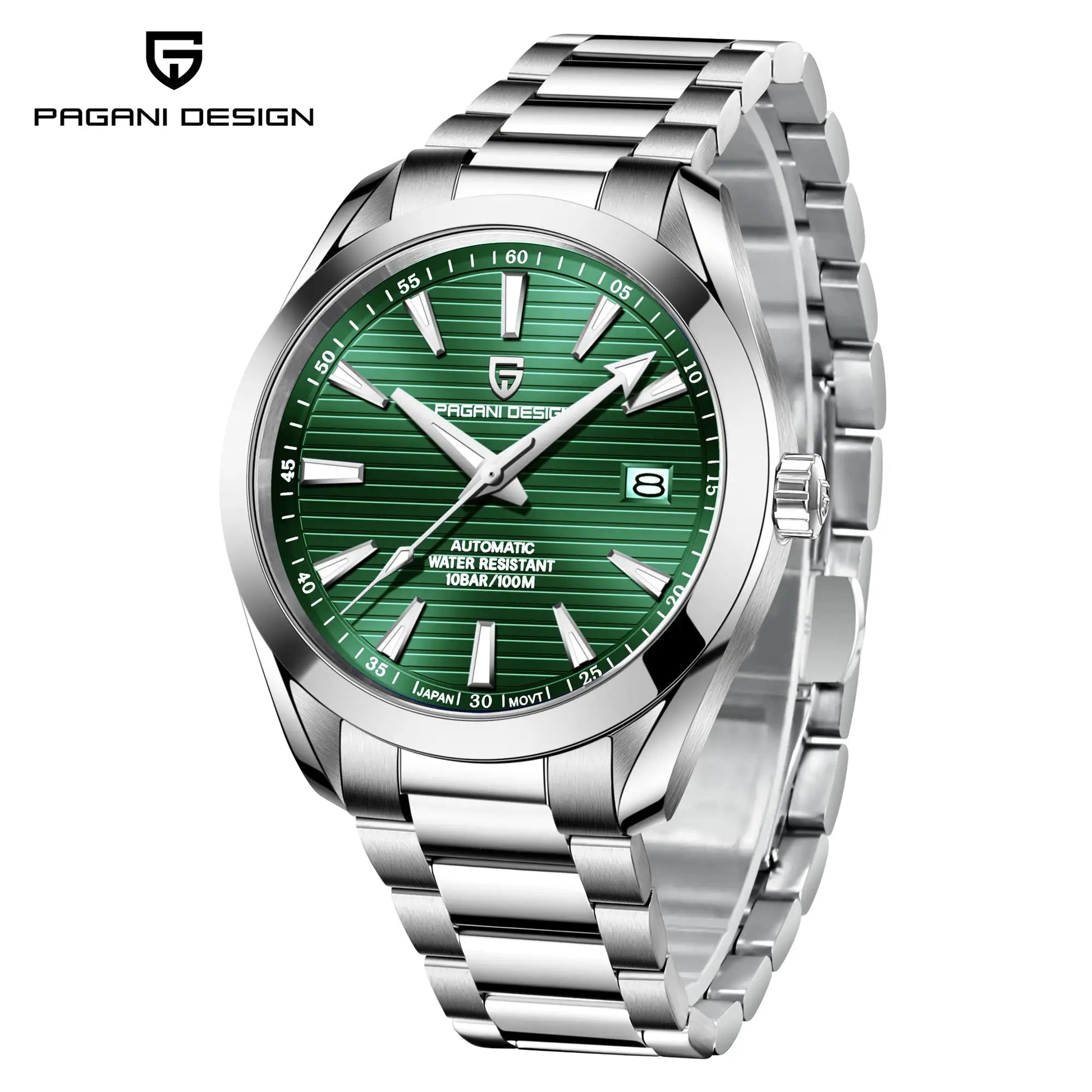 PAGANI DESIGN A150 40mm men's stainless steel automatic watch with green dial, sapphire glass 100M water resistance