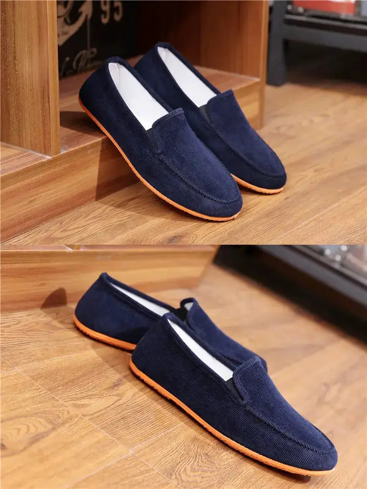 Men's navy fabric loafers slip-on driving shoes with orange sole