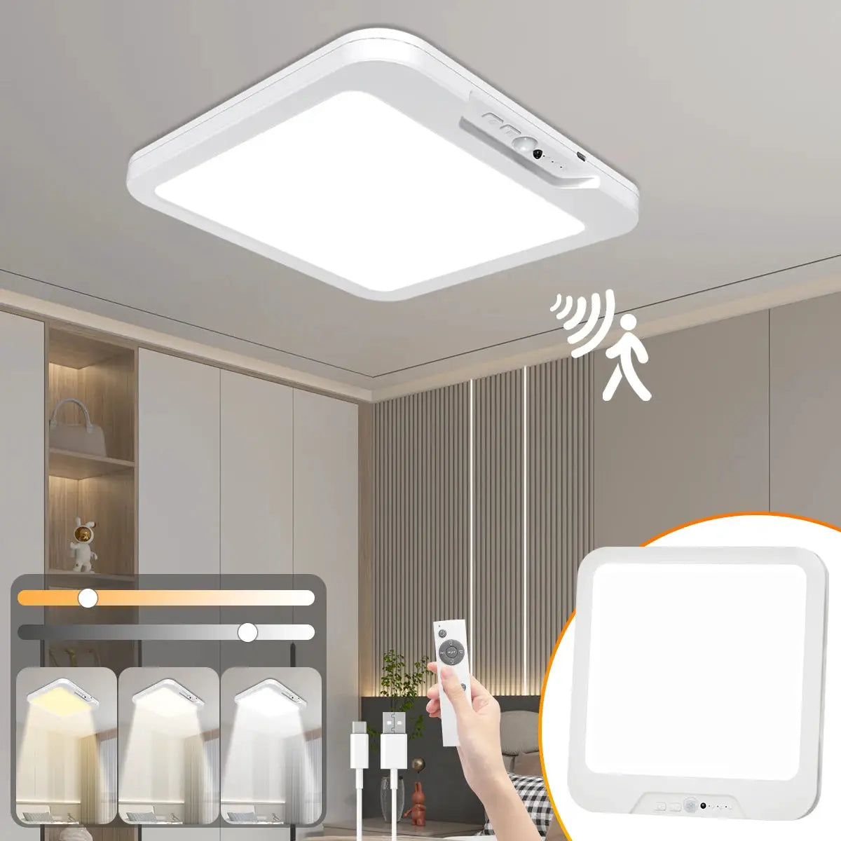 Rechargeable motion-sensor ceiling light with remote, 3 color temperatures, timer, wireless mount for indoor use.