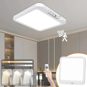 Rechargeable motion-sensor ceiling light with remote, 3 color temperatures, timer, wireless mount for indoor use.
