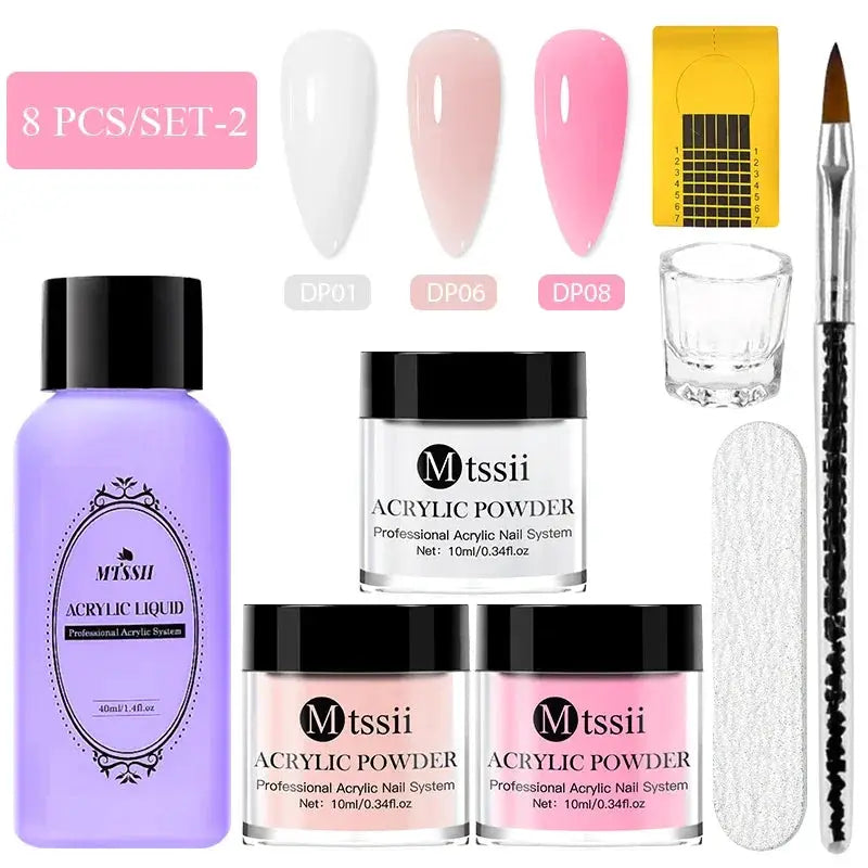 MTSSII 8pc acrylic nail system with purple liquid, pink powder jars, white/nude/pink swatches, brush and file