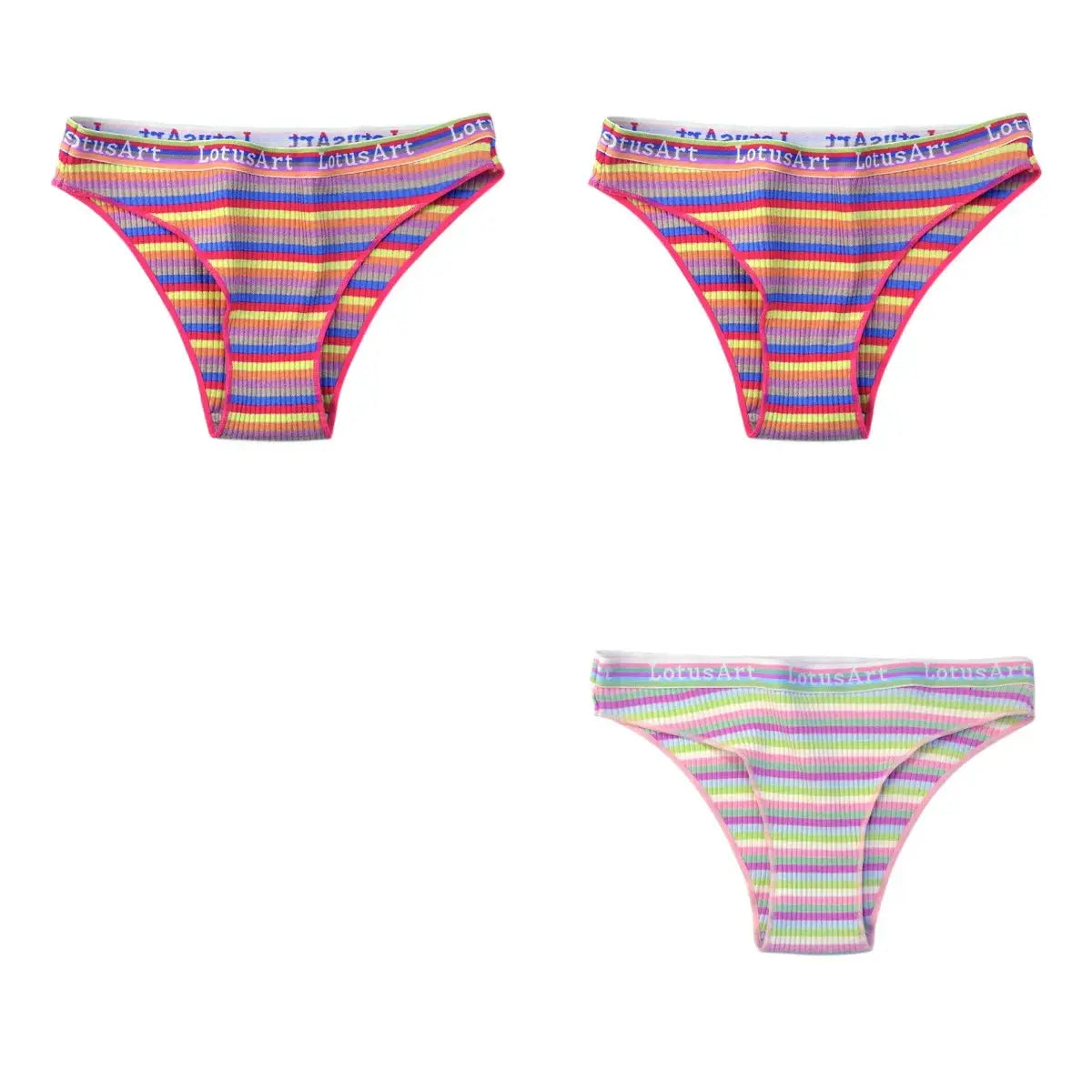 3-piece set of cotton women's panties in colorful striped low-rise briefs with LotusArt waistband