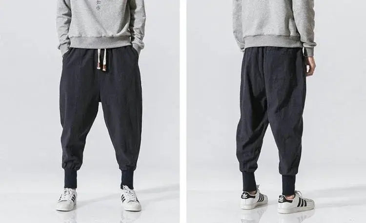 Simples Market men's cotton-linen harem pants, dark navy baggy joggers with drawstring waist and cuffed ankles