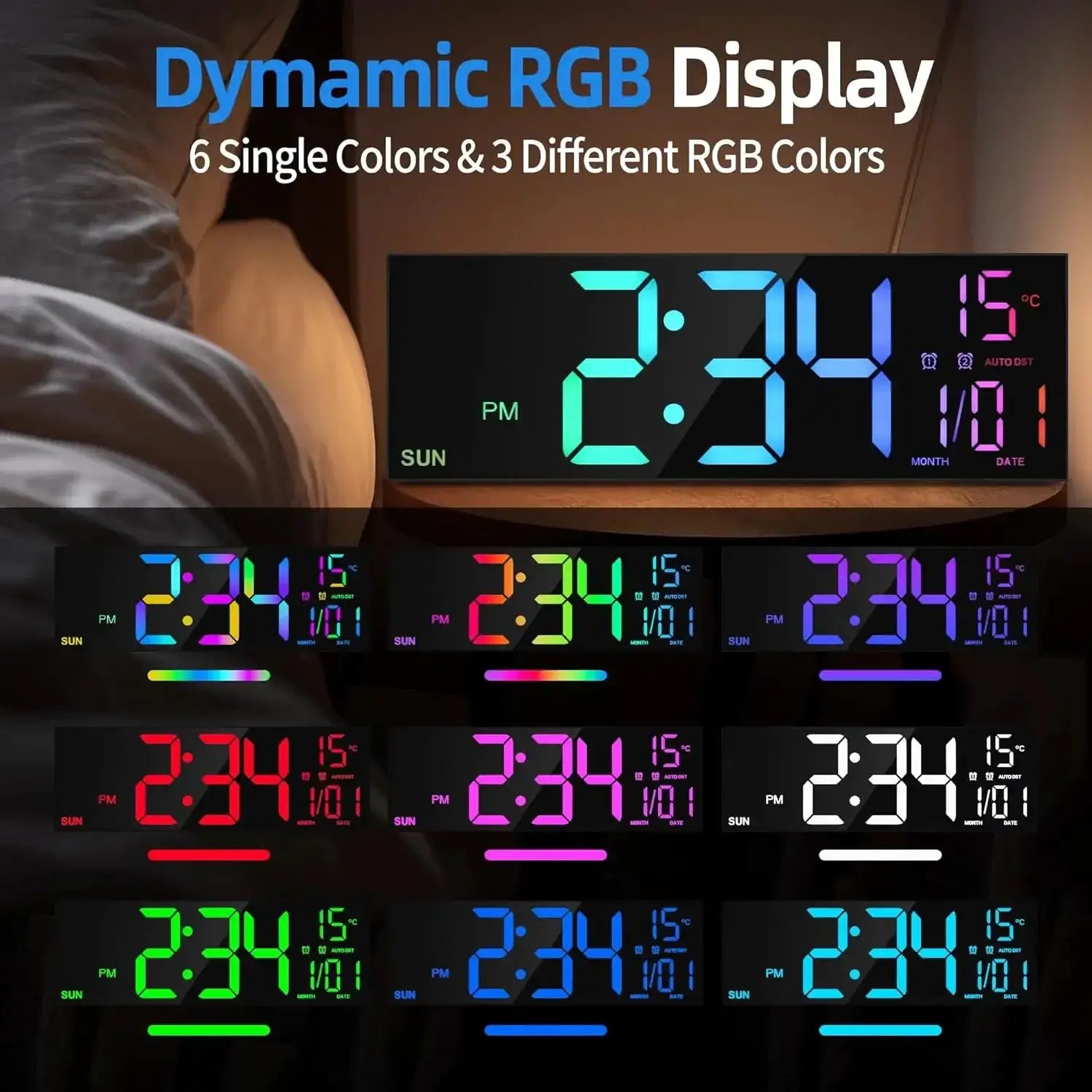 16.2-inch digital wall clock by Simples Market with remote and RGB LED display in 8 colors.