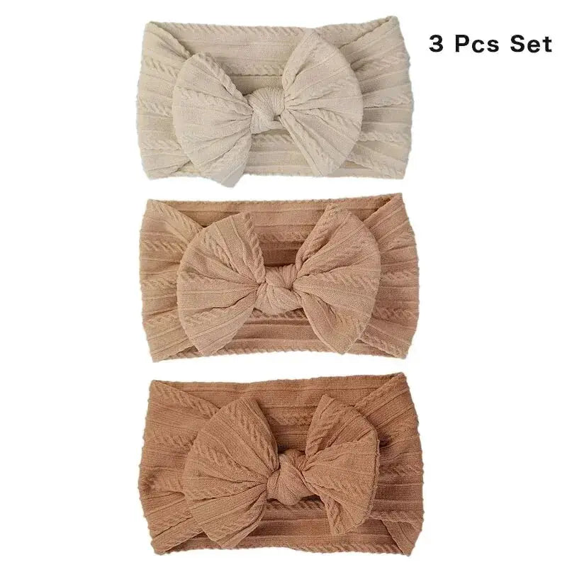 3 Pieces Solid Color Baby Headbands Set With Bow Elastic Nylon Newborn Turban Headwrap Hair Accessories For Kids