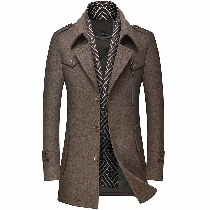 Simples Market men's brown wool coat, mid-length with scarf, button-front trench style