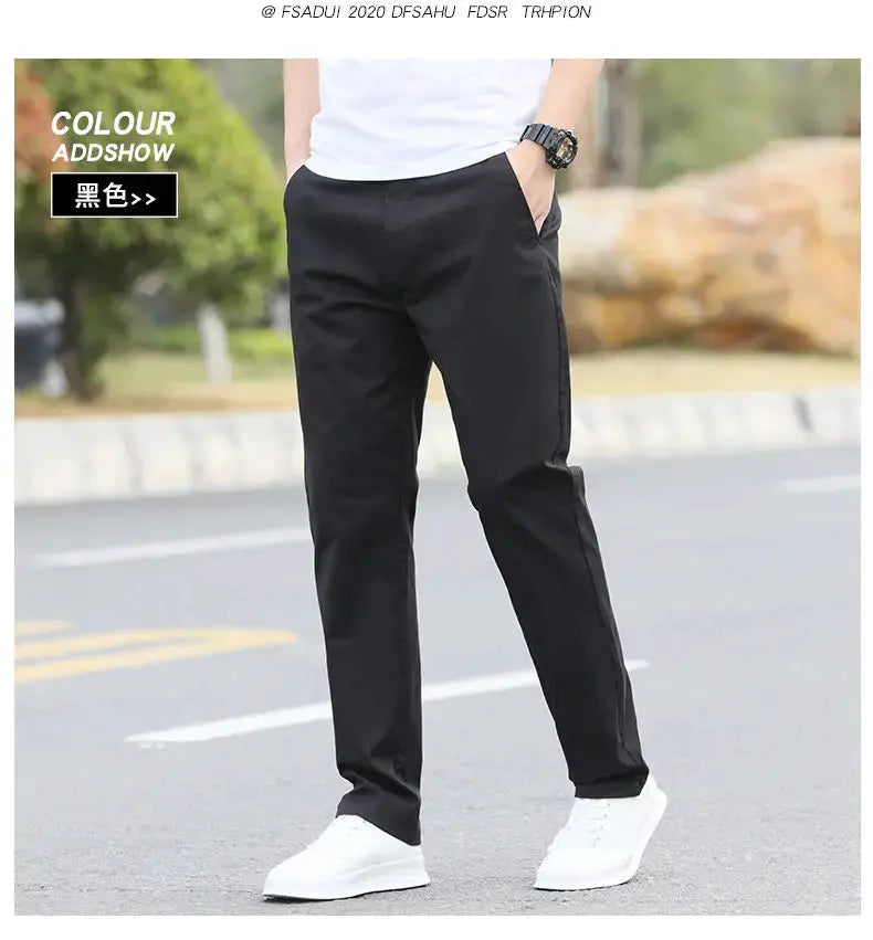 Men's black cotton chinos with breathable straight-leg fit, available in sizes W28–W40