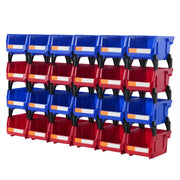SucceBuy 24-pack stackable storage bins on a freestanding tiered rack; blue and red bins with orange/white label fronts.