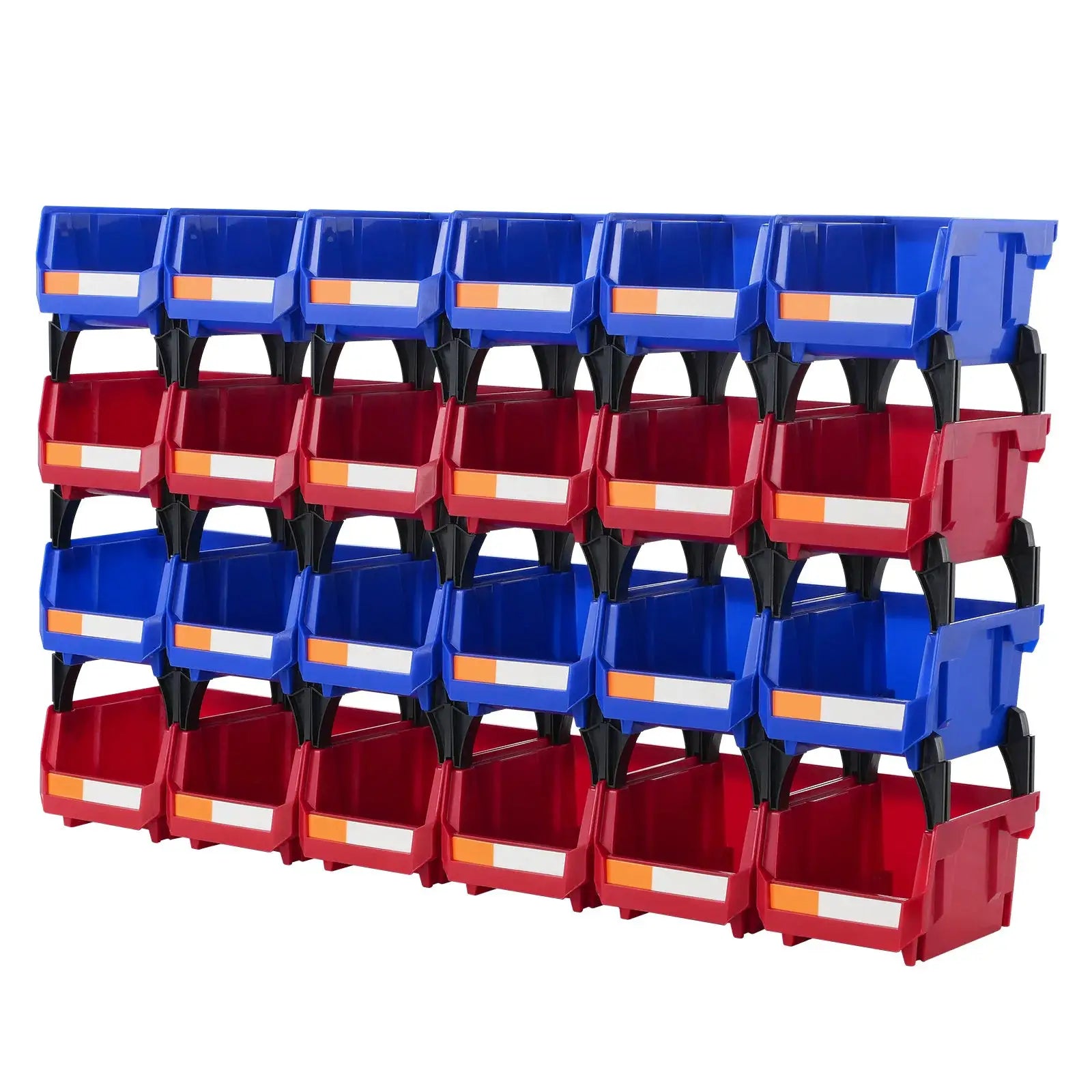 SucceBuy 24-pack stackable storage bins on a freestanding tiered rack; blue and red bins with orange/white label fronts.