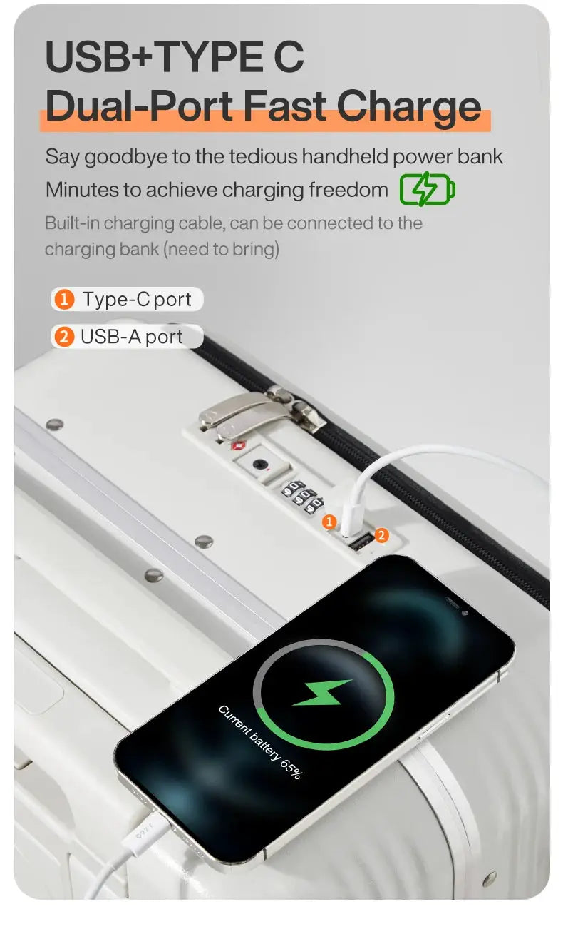 Mixi aluminum-frame carry-on suitcase with USB-C/USB-A ports; white cabin luggage with phone charging