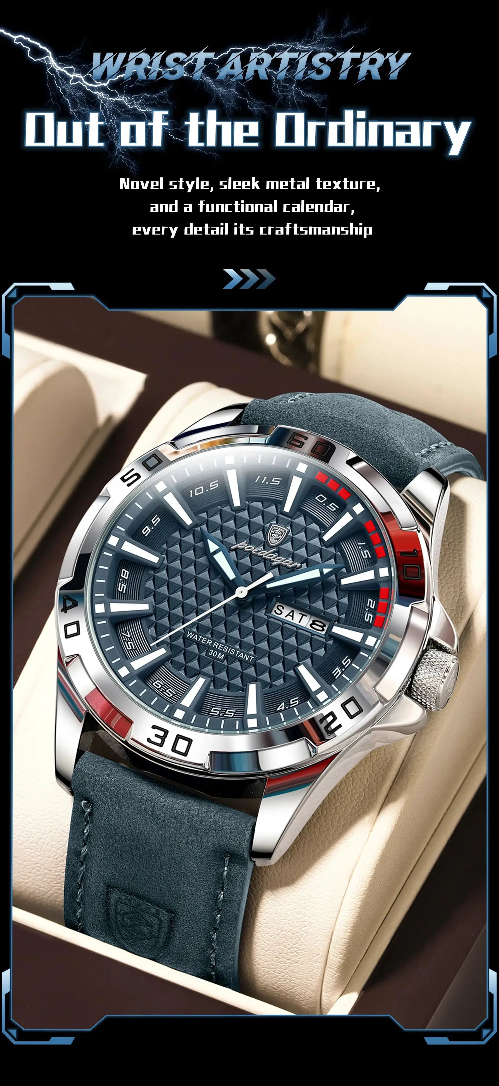POEDAGAR men's luxury wristwatch by Simples Market with blue textured dial, date display, and blue leather strap.