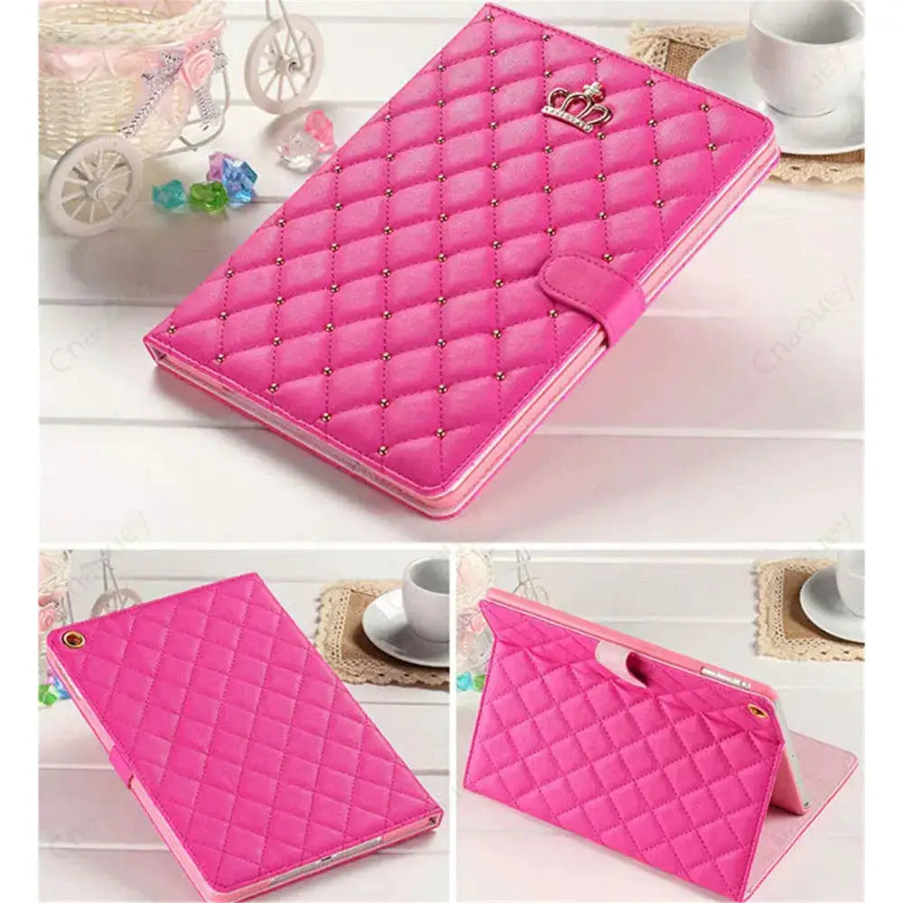 Ipad Lambskin Stand Smart Case Crown Rivet Design Plaid Pattern Scratch Resistant PU Leather