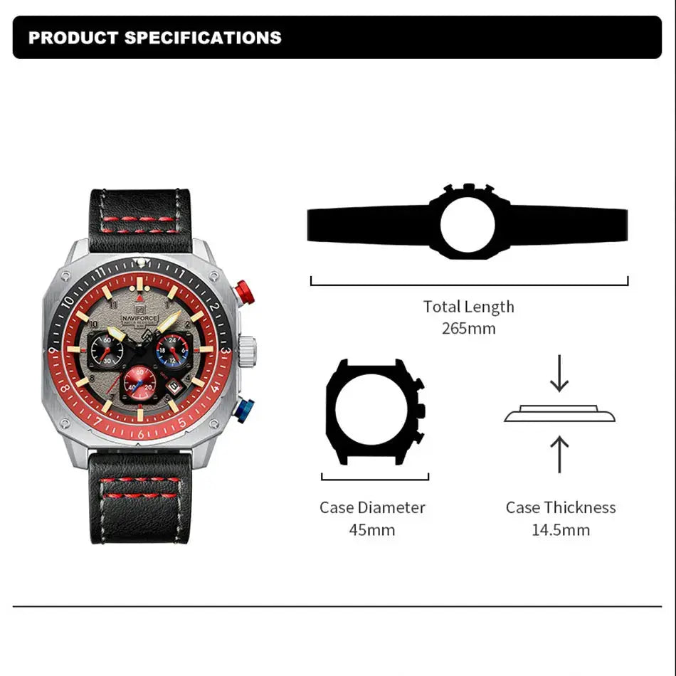 NAVIFORCE men's sports chronograph watch with black leather strap, red bezel, and silver-tone case