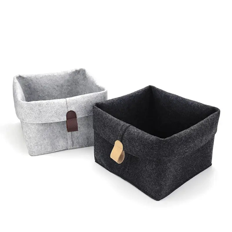 Rectangular felt storage baskets, set of 2 in light gray and dark gray, with leather strap closures