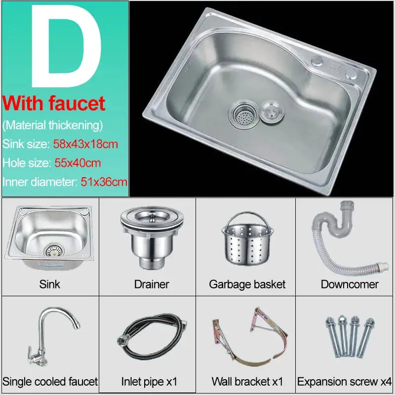 Stainless steel wall sink by Simples Market with faucet; includes drainer, inlet pipe, wall bracket and 4 screws.