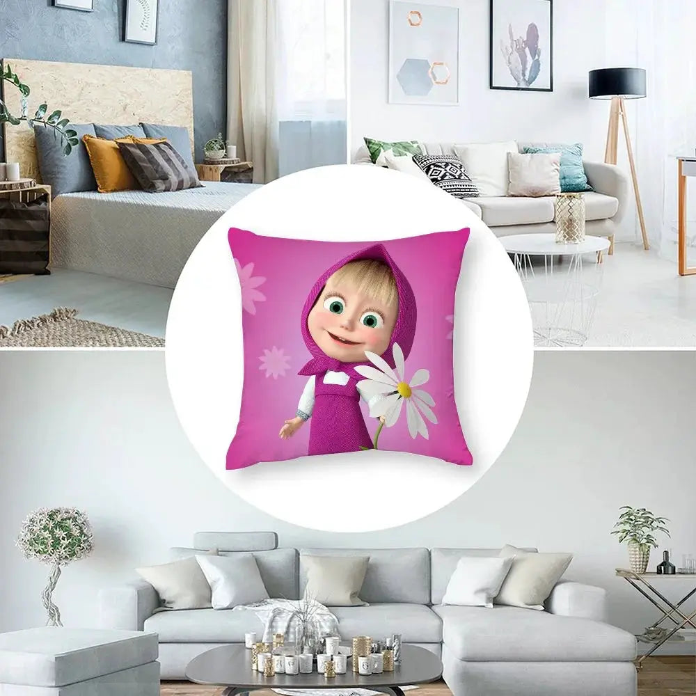 M-Masha And B-Bears pillow case, plush pink fabric with double-sided print, Simples Market brand