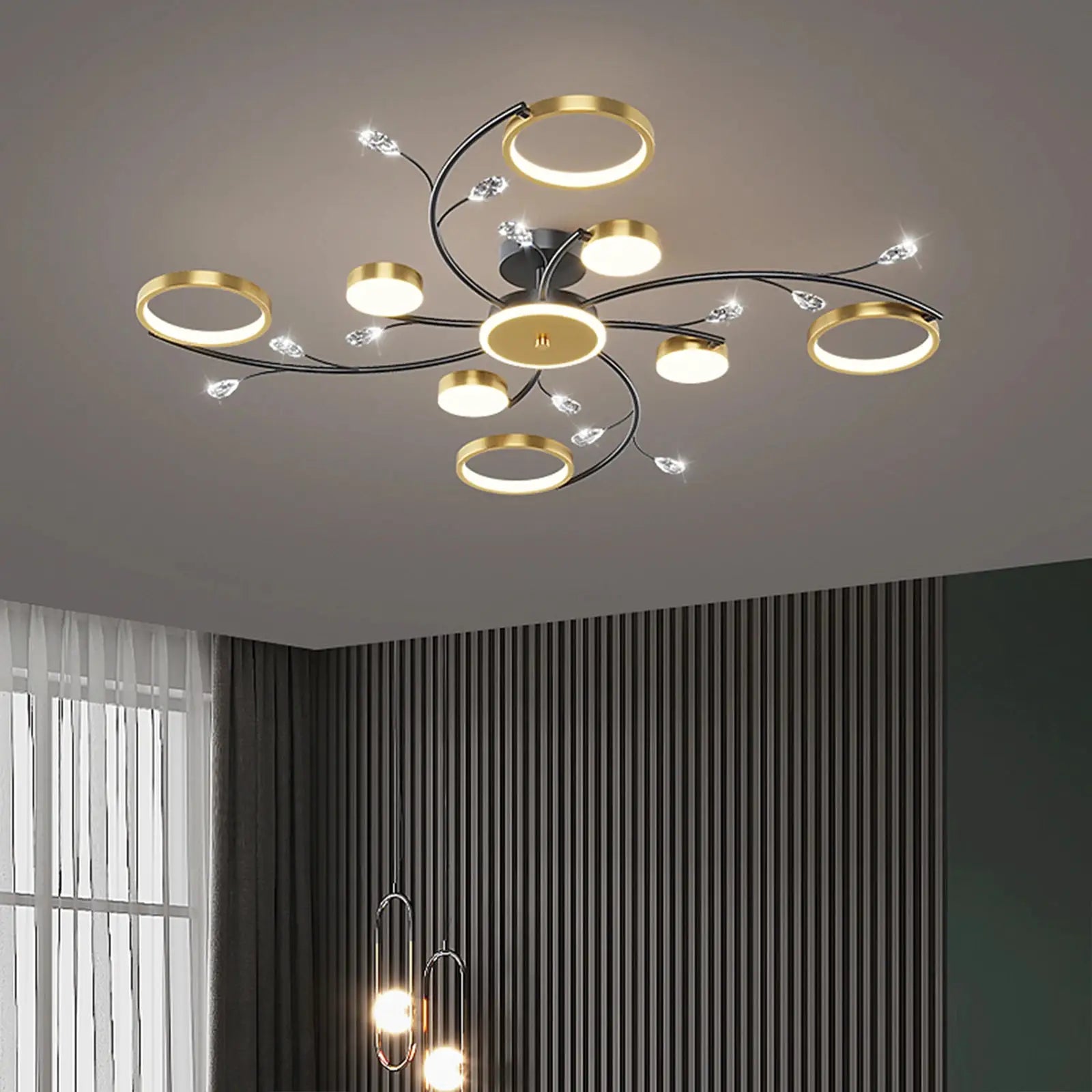 IRALAN modern LED ceiling chandelier with gold ring accents and crystal details