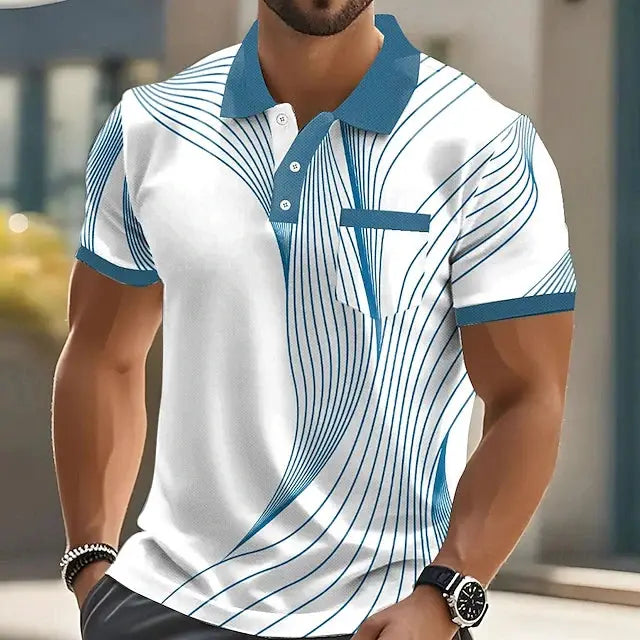 Simples Market men's polo shirt, short sleeve, white with blue stripe print, blue collar, chest pocket, oversized fit