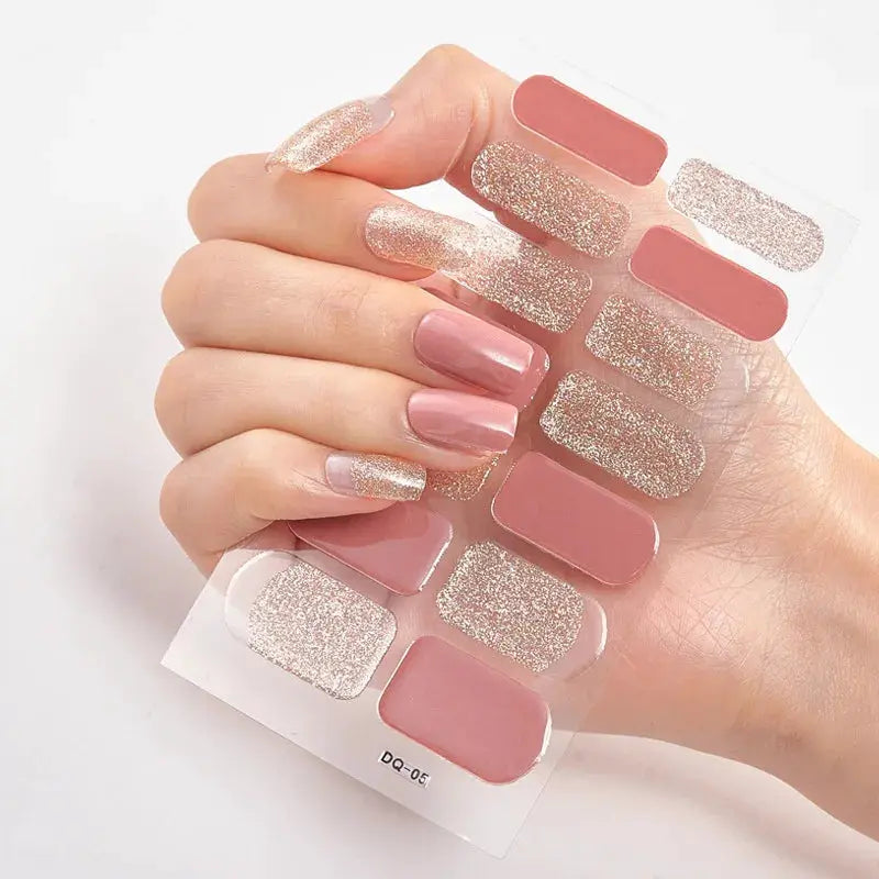 Full-cover nail sticker sheet; 12-piece pink matte and glitter self-adhesive manicure decals by Simples Market