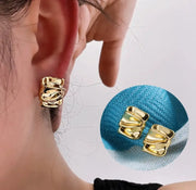 Gold Plated Punk Square Stud Earrings For Women Geometric Pleated Copper Alloy Ear Jewelry Gift For Modern Outfits