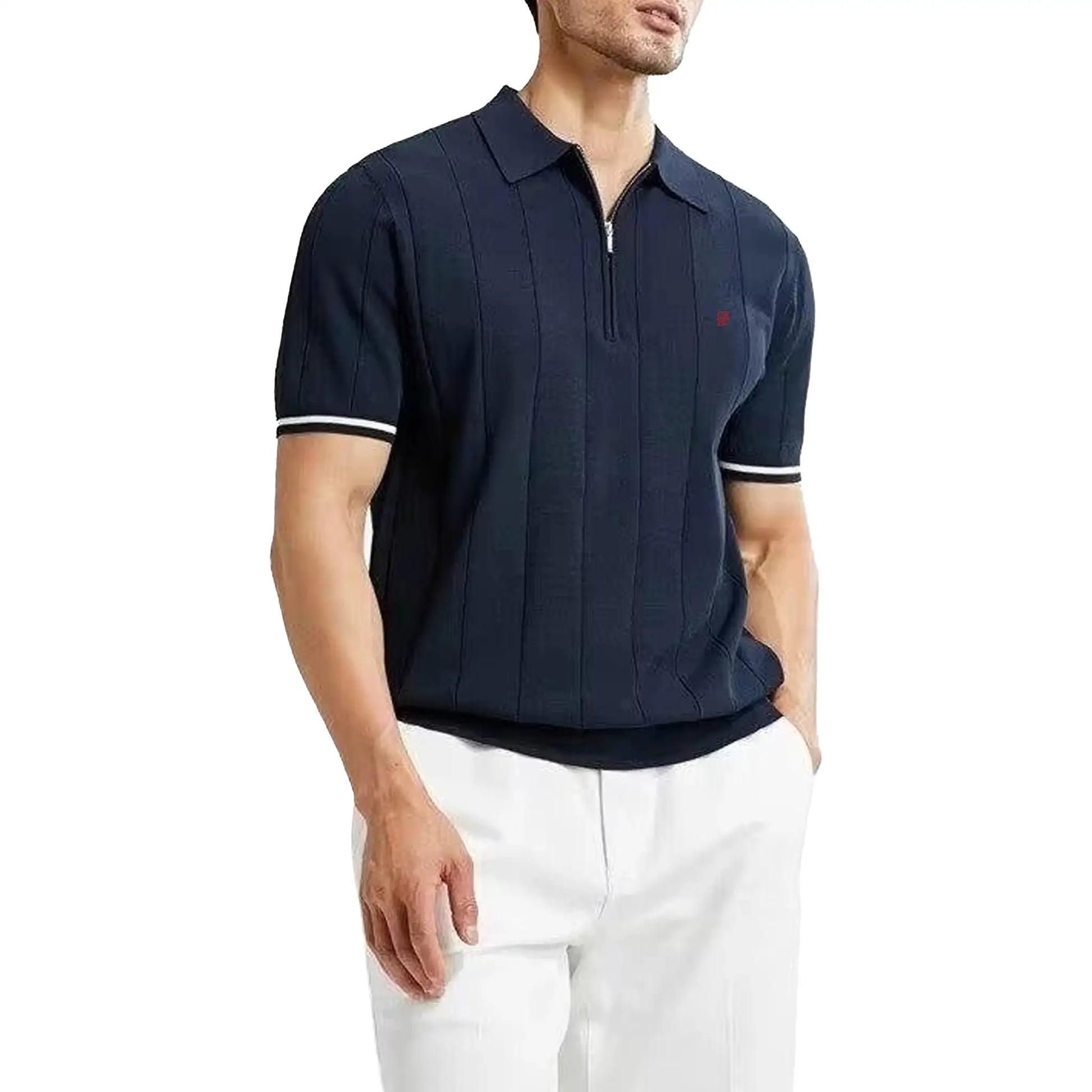 Men's navy vertical striped knit polo shirt with half-zip, short sleeves, red CH embroidery