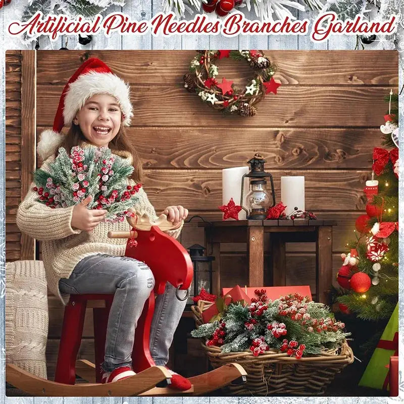 Artificial pine needle branches with red holly berries for Christmas wreath decor, 26/20 cm