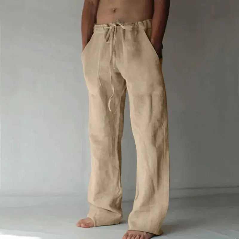 Men's beige linen wide-leg pants with drawstring waist for casual wear