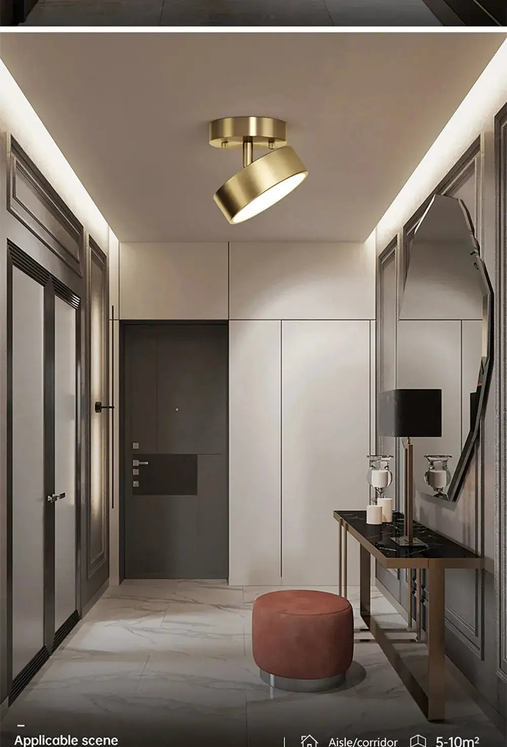 Round copper LED ceiling light fixture, modern home decor for bedrooms and living spaces