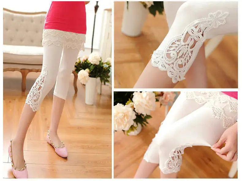 Women's white lace capri leggings by Simples Market, 3/4 length with floral hollow lace detail.