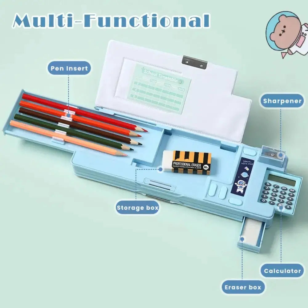 Blue plastic Simples Market multi-functional pencil case with built-in calculator, sharpener and eraser box