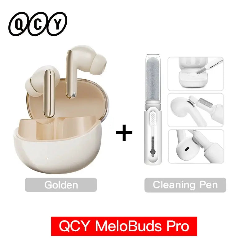 QCY MeloBuds Pro wireless earbuds golden color 2-item bundle with charging case and cleaning pen