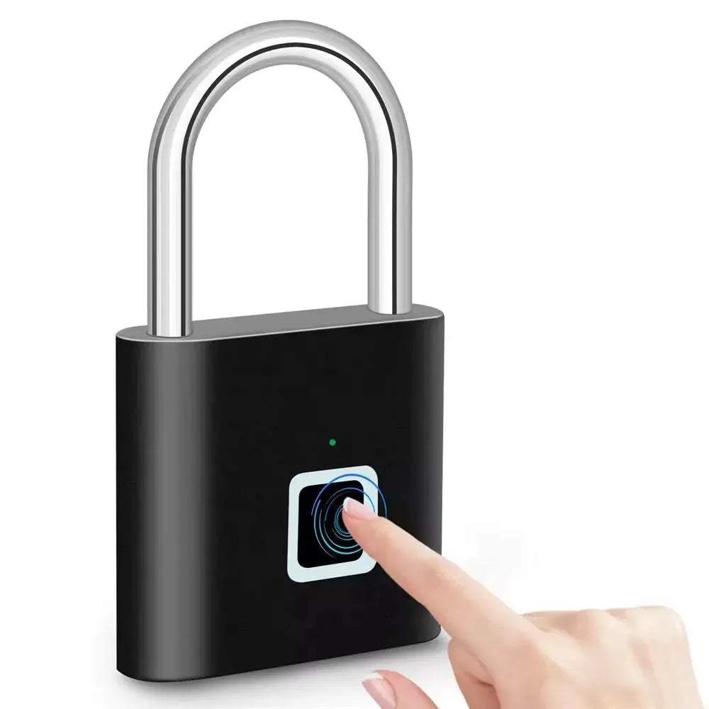 KERUI fingerprint smart padlock by Simples Market, black zinc body with silver U-shaped shackle.