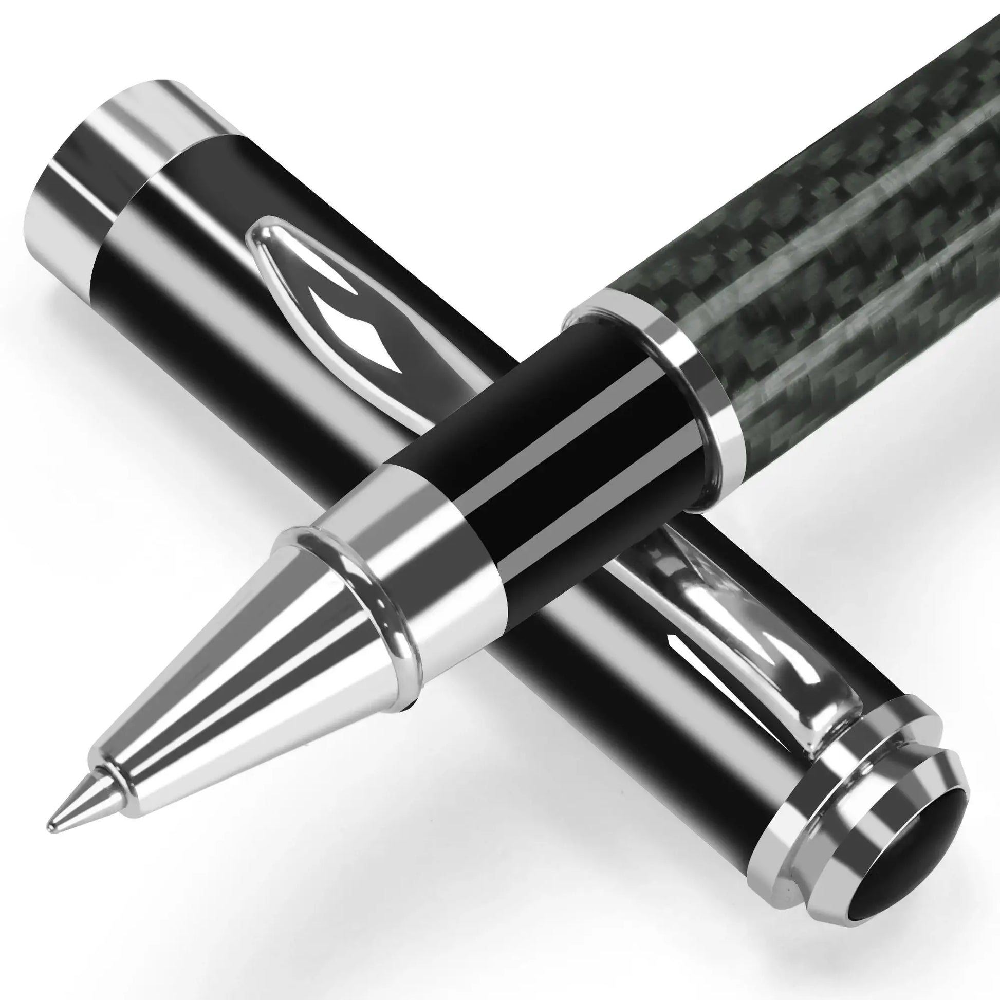 Carbon fiber signature pen by Simples Market with silver chrome trims and 0.5mm micro-point gel ink in black