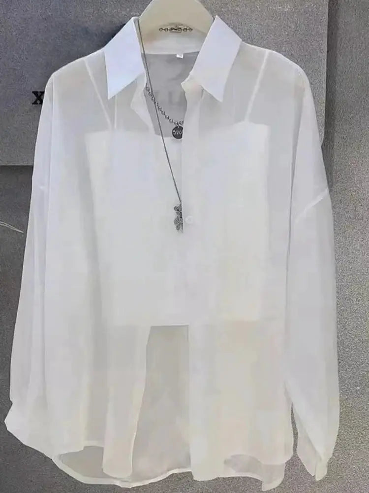 Plus Size White Ice Silk Sheer Chiffon Blouse, long sleeves, button-front from Simples Market