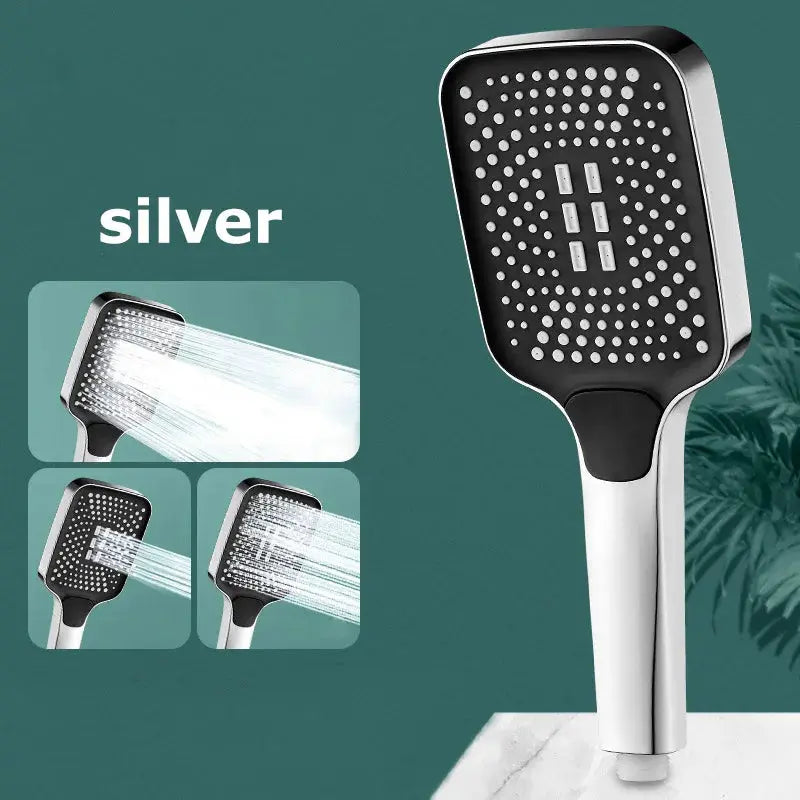 Silver square handheld rain shower head with high-pressure spray and 360° rotation