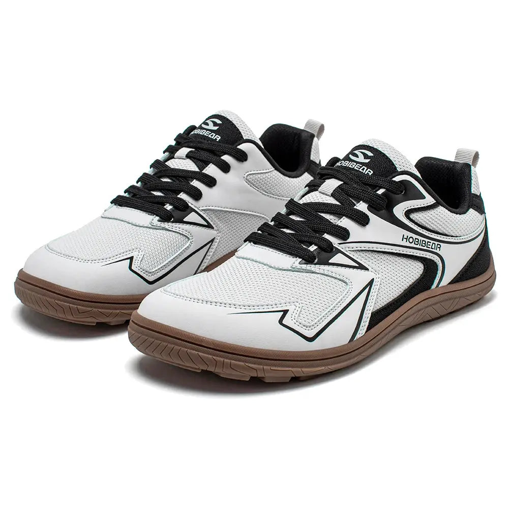HOBIBEAR barefoot minimalist shoes, white mesh running sneakers with black accents and brown sole for a unisex pair