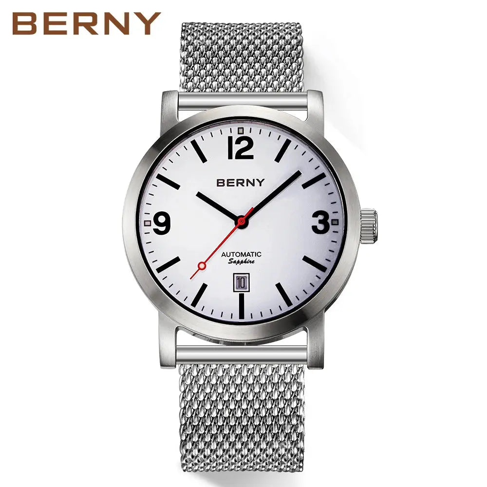 BERNY men's mechanical automatic watch with stainless steel mesh band, white dial, water resistant