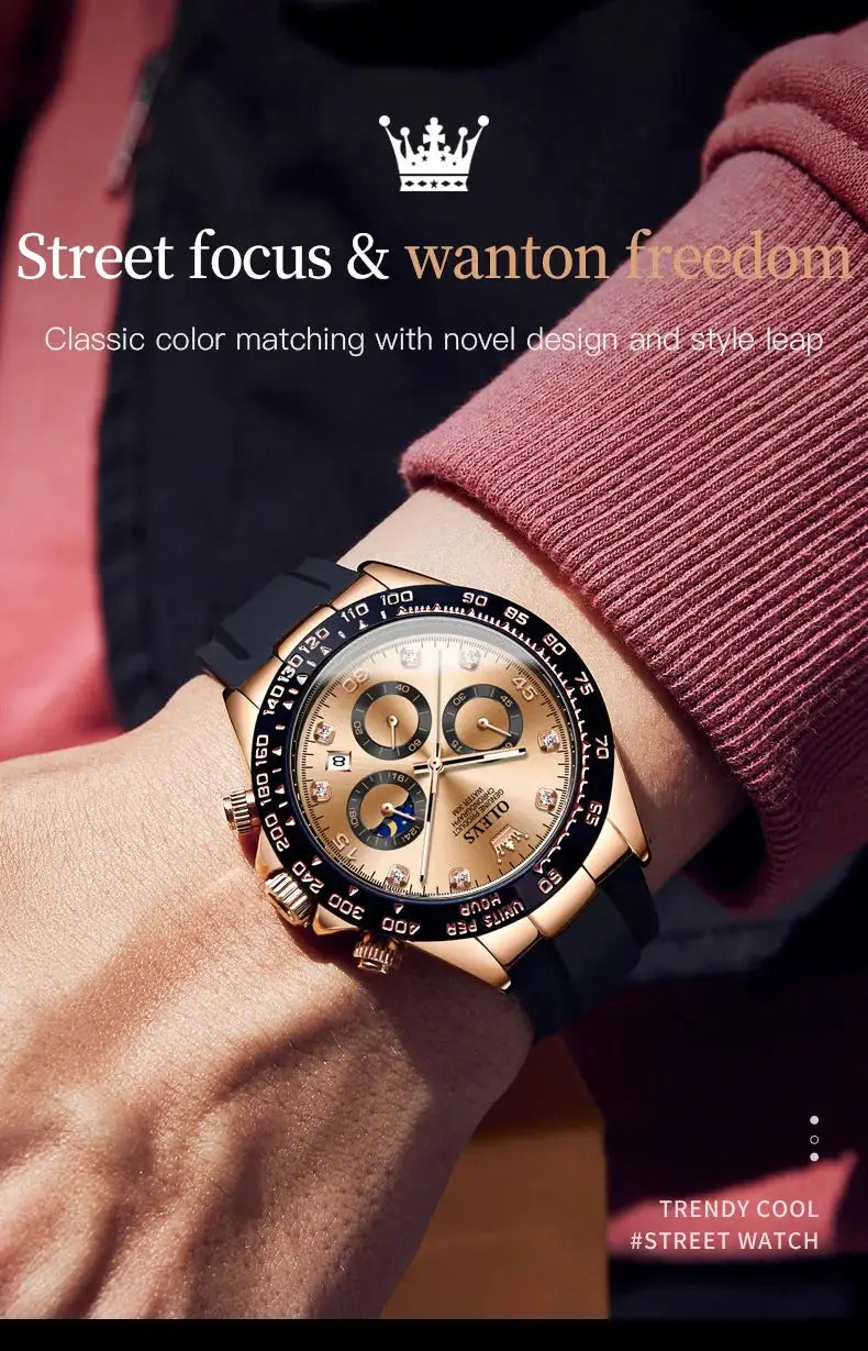 OLEVS 2875 men's luxury quartz chronograph watch with gold-tone case, black bezel and silicone strap