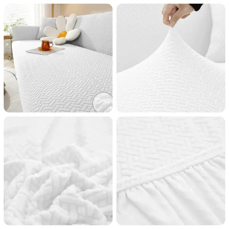 Housse de canapé jacquard élastique Simples Market blanc, protection polaire extensible pour canapé en forme de L.