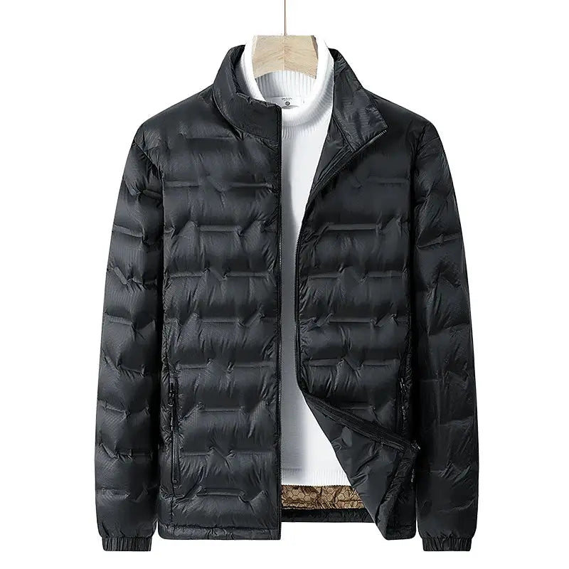 Men's black down jacket with detachable hood, waterproof and windproof, lightweight puffer coat