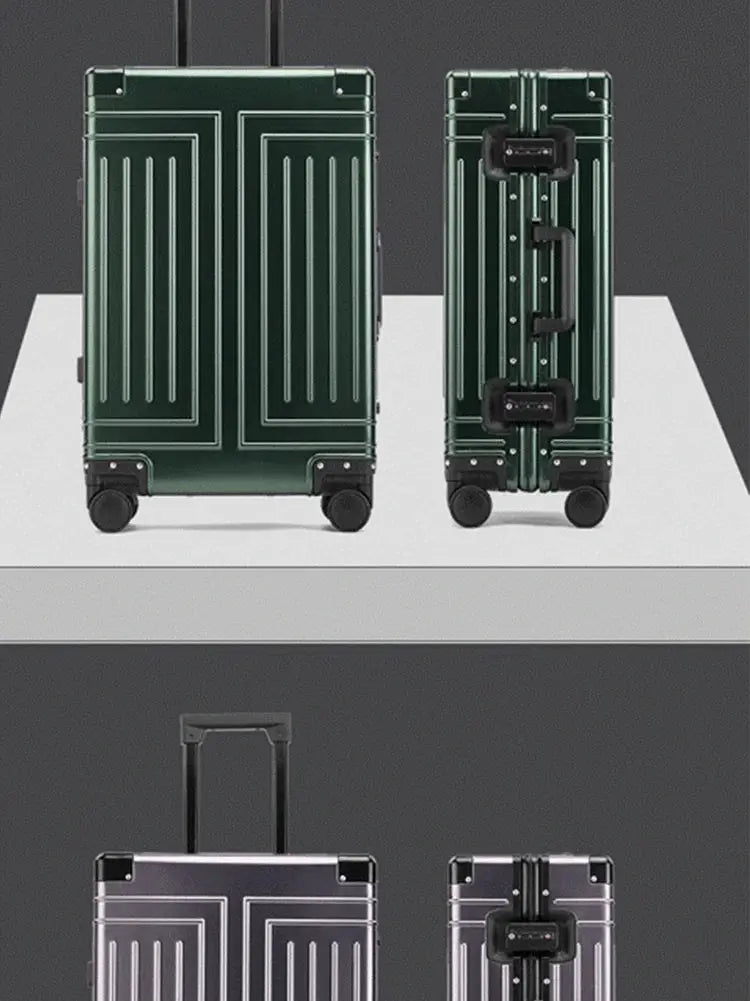 Travel luggage set by Simples Market, 4-piece aluminum-magnesium rolling suitcases in green and purple