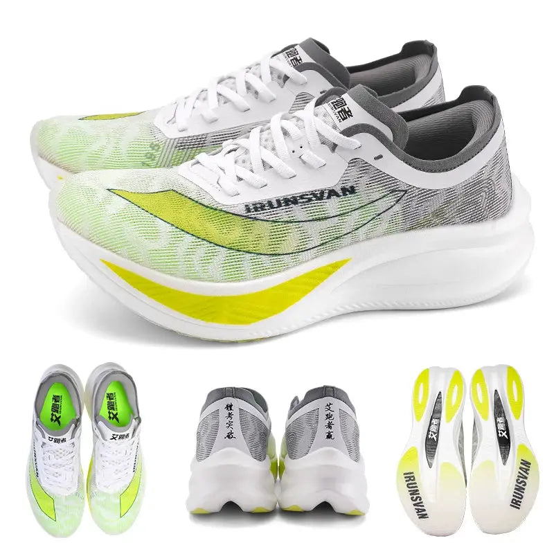 IRUNSVAN nylon carbon-plate marathon running shoes, white/gray with neon yellow accents, lightweight cushioning