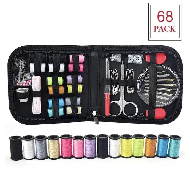 Sewing box kit by Simples Market, 68-pack black zippered case with colorful thread spools and tools