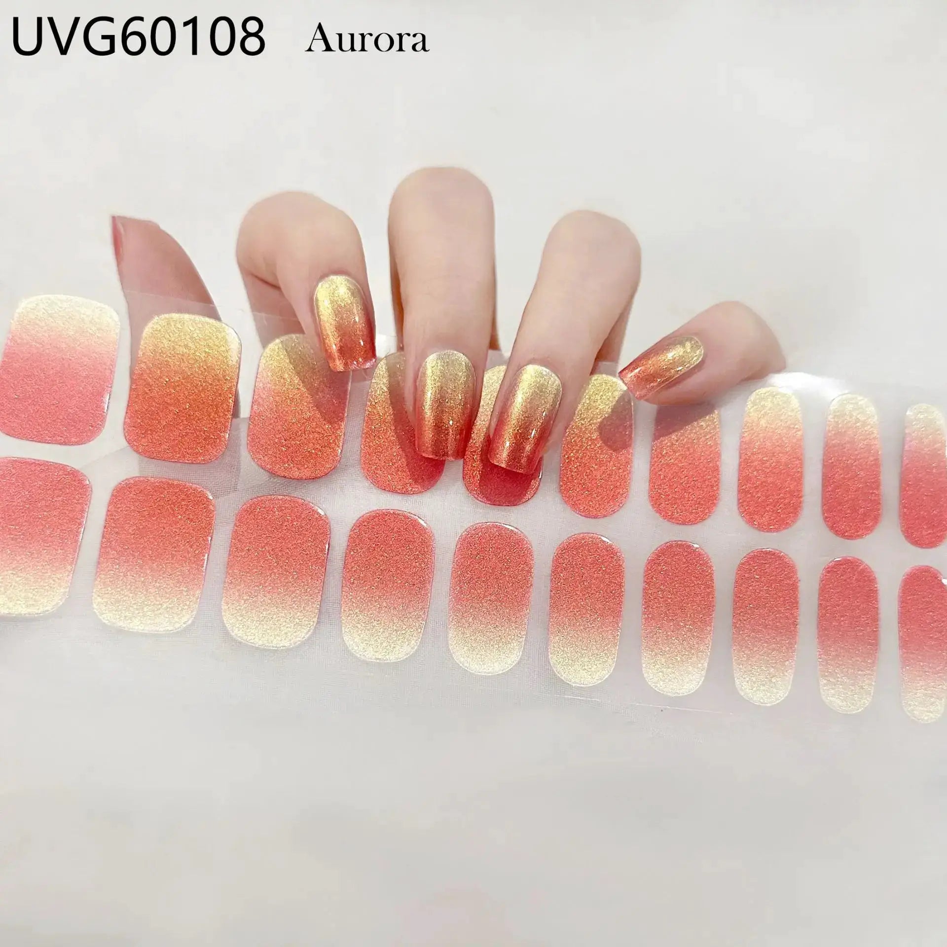 Gel nail wraps set Aurora with 16/20/22 tips, full-cover semi-cured stickers in peach to gold gradient
