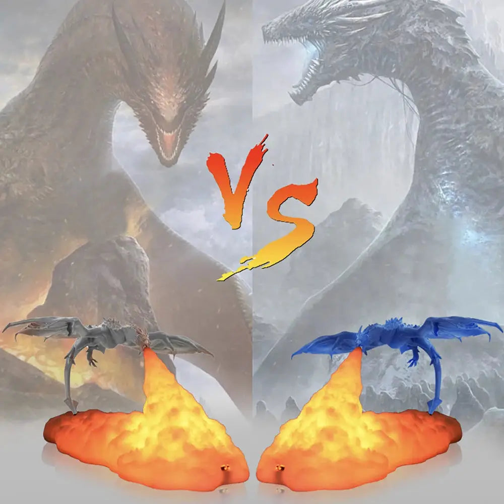 Two 3D-printed fire dragon LED lamps with lava bases; one gray and one blue, USB-rechargeable desktop lights.