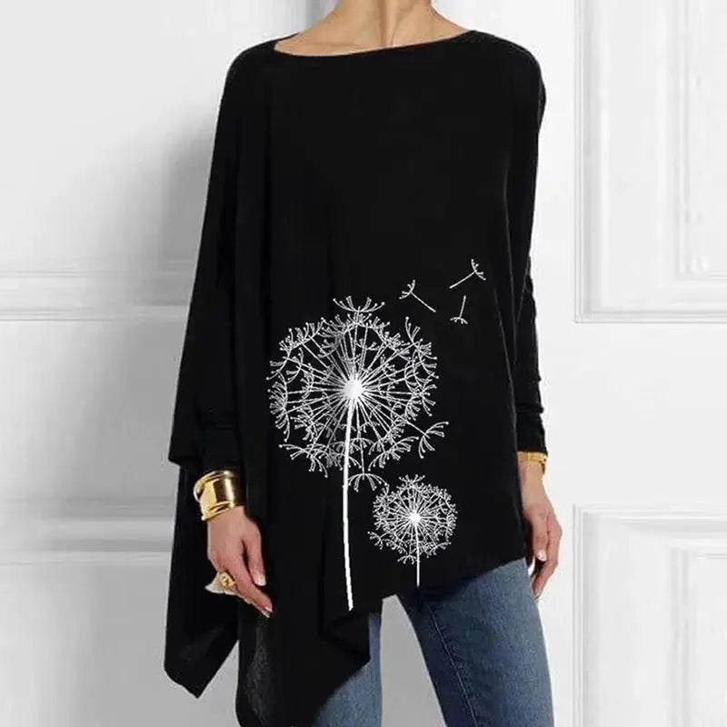 Black cotton irregular-hem women's blouse with white dandelion print, O-neck, long sleeves, Simples Market.