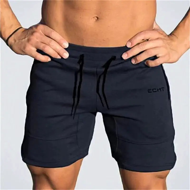Men's navy gym shorts with drawstring waist and leg logo